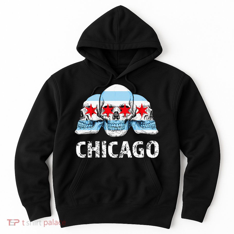 Chicago for Chicago Flag Artwork with Skulls Hoodie