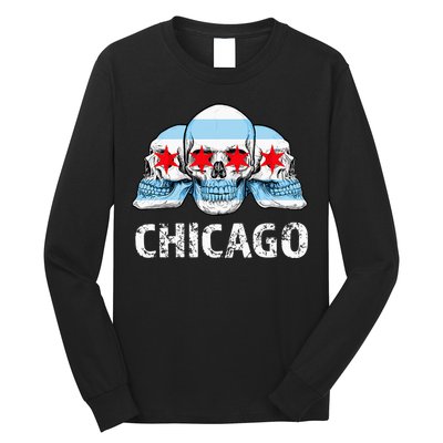 Chicago for Chicago Flag Artwork with Skulls Long Sleeve Shirt