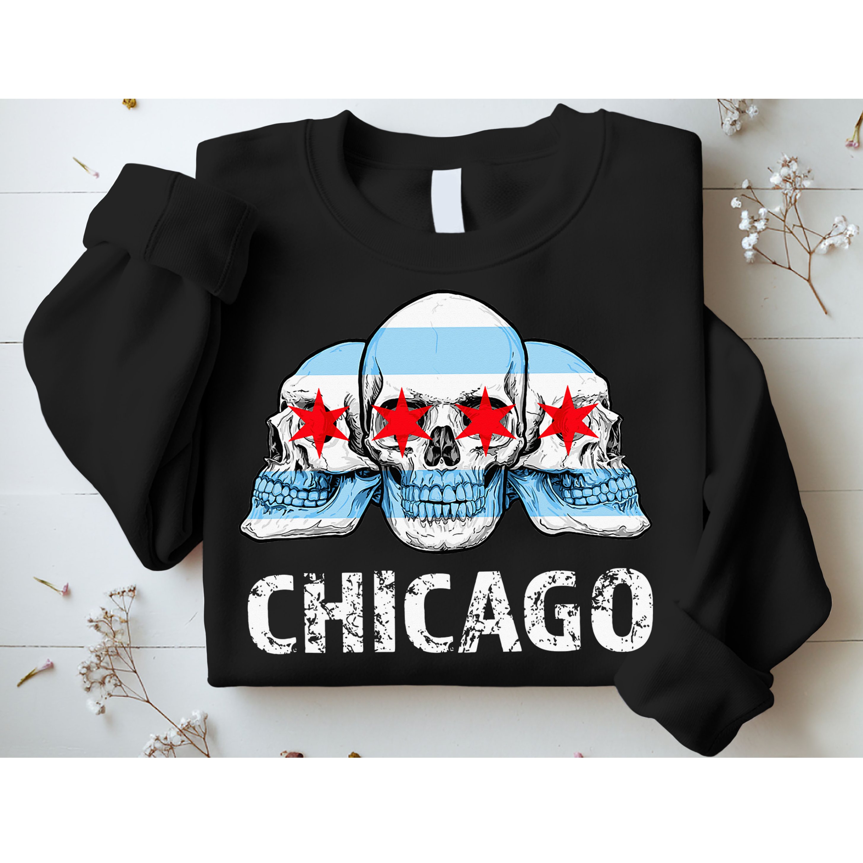 Chicago for Chicago Flag Artwork with Skulls Sweatshirt