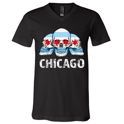 Chicago for Chicago Flag Artwork with Skulls V-Neck T-Shirt