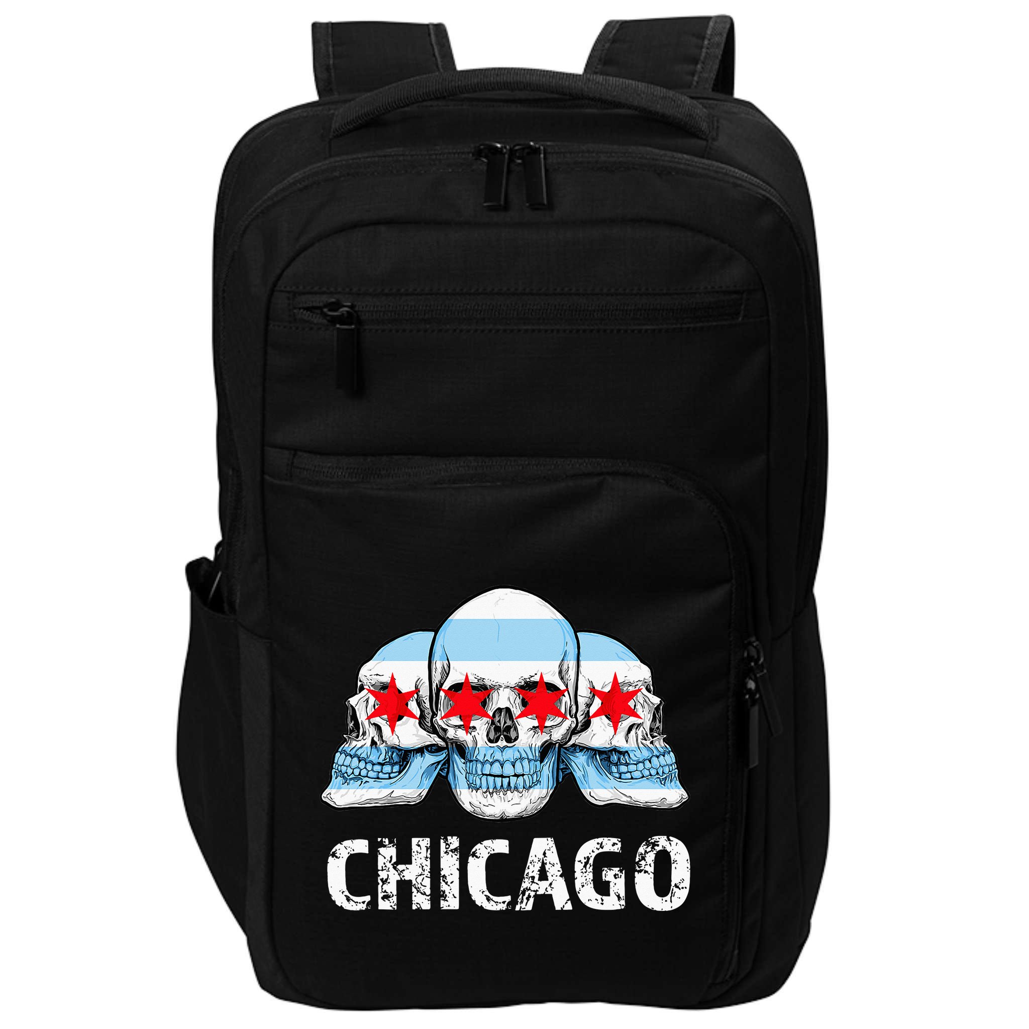 Chicago for Chicago Flag Artwork with Skulls Impact Tech Backpack