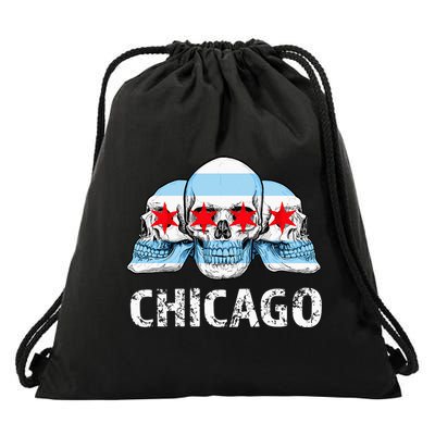 Chicago for Chicago Flag Artwork with Skulls Drawstring Bag