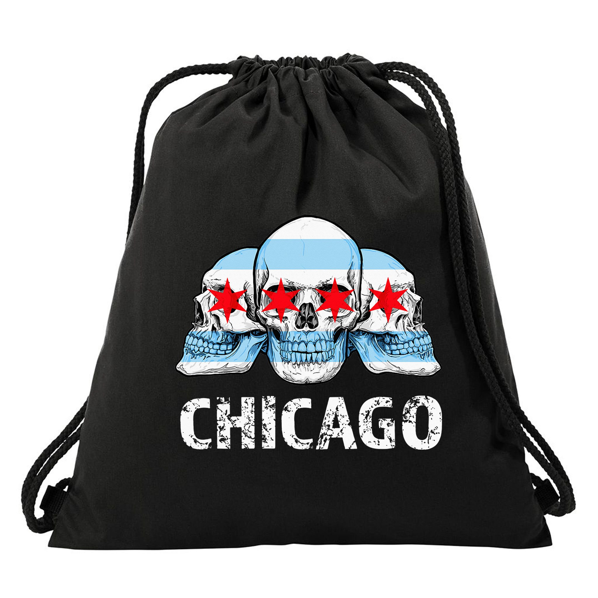 Chicago for Chicago Flag Artwork with Skulls Drawstring Bag