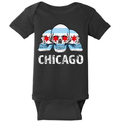 Chicago for Chicago Flag Artwork with Skulls Baby Bodysuit