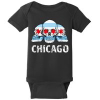 Chicago for Chicago Flag Artwork with Skulls Baby Bodysuit