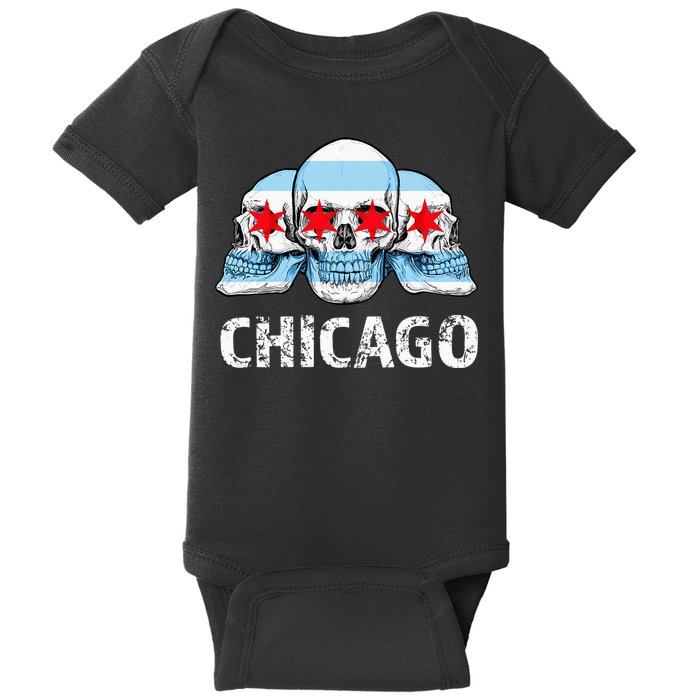 Chicago for Chicago Flag Artwork with Skulls Baby Bodysuit