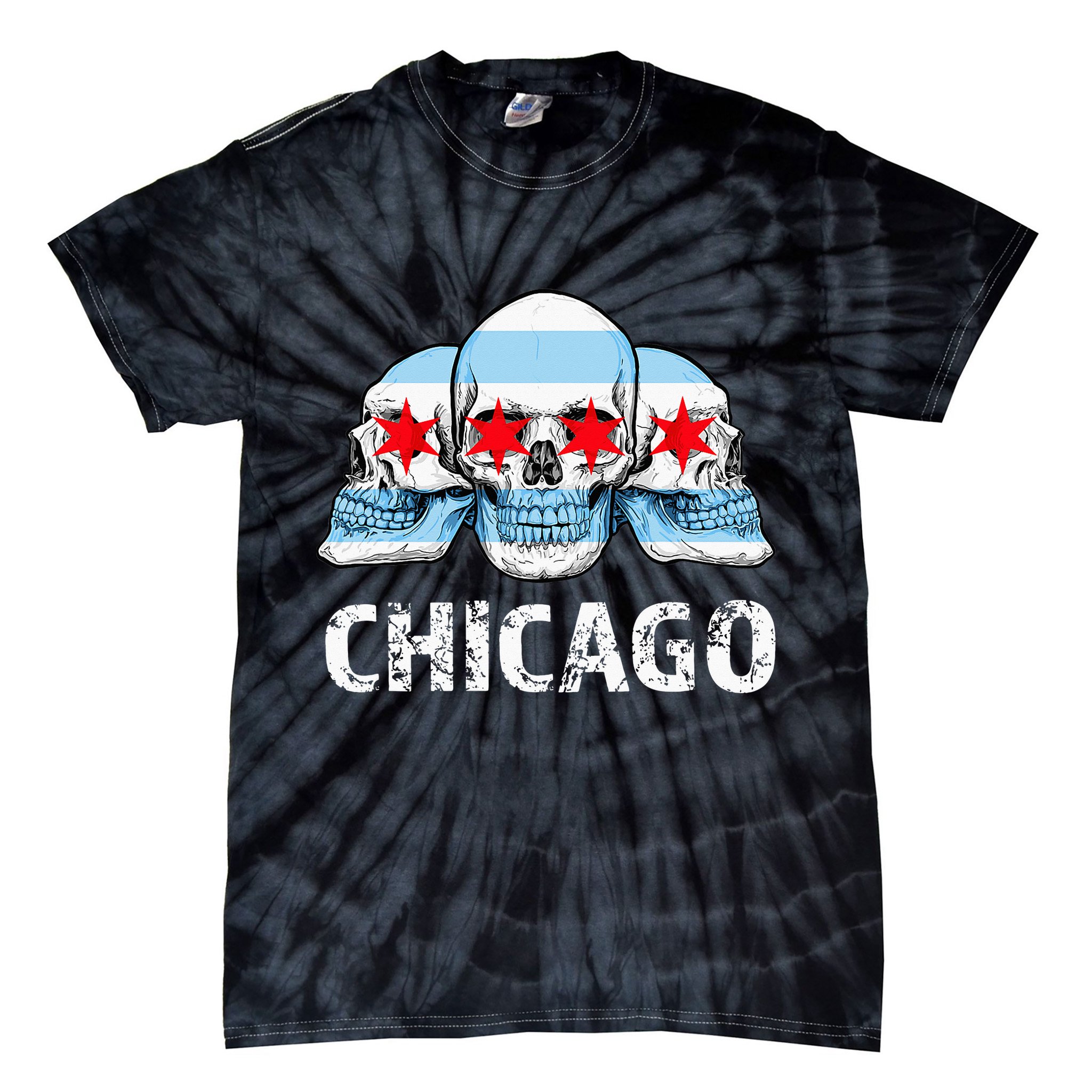Chicago for Chicago Flag Artwork with Skulls Tie-Dye T-Shirt