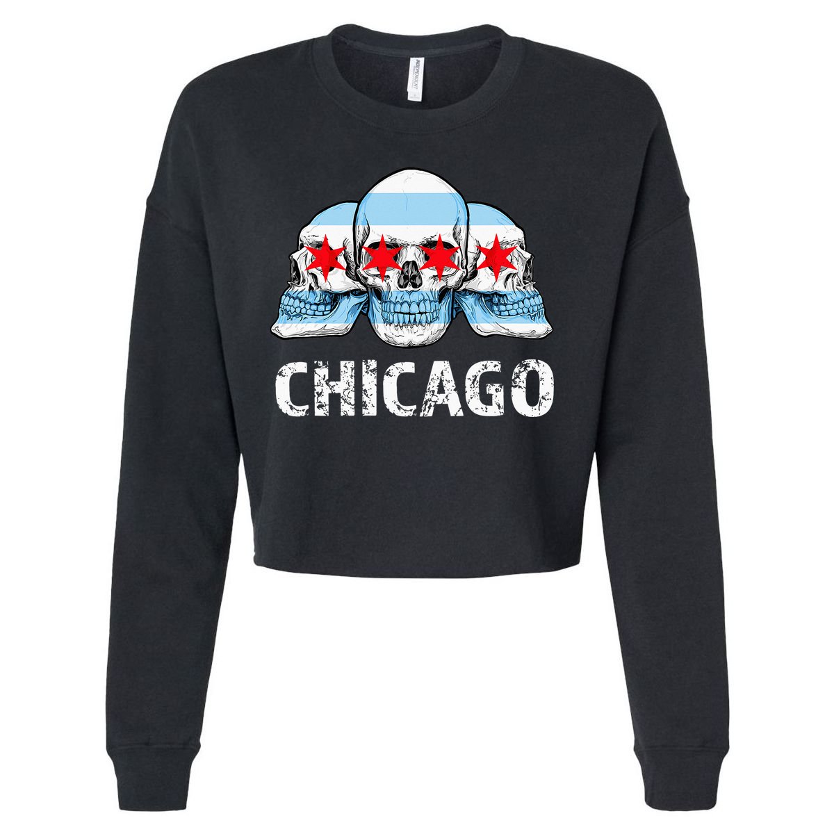 Chicago for Chicago Flag Artwork with Skulls Cropped Pullover Crew