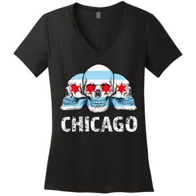 Chicago for Chicago Flag Artwork with Skulls Women's V-Neck T-Shirt