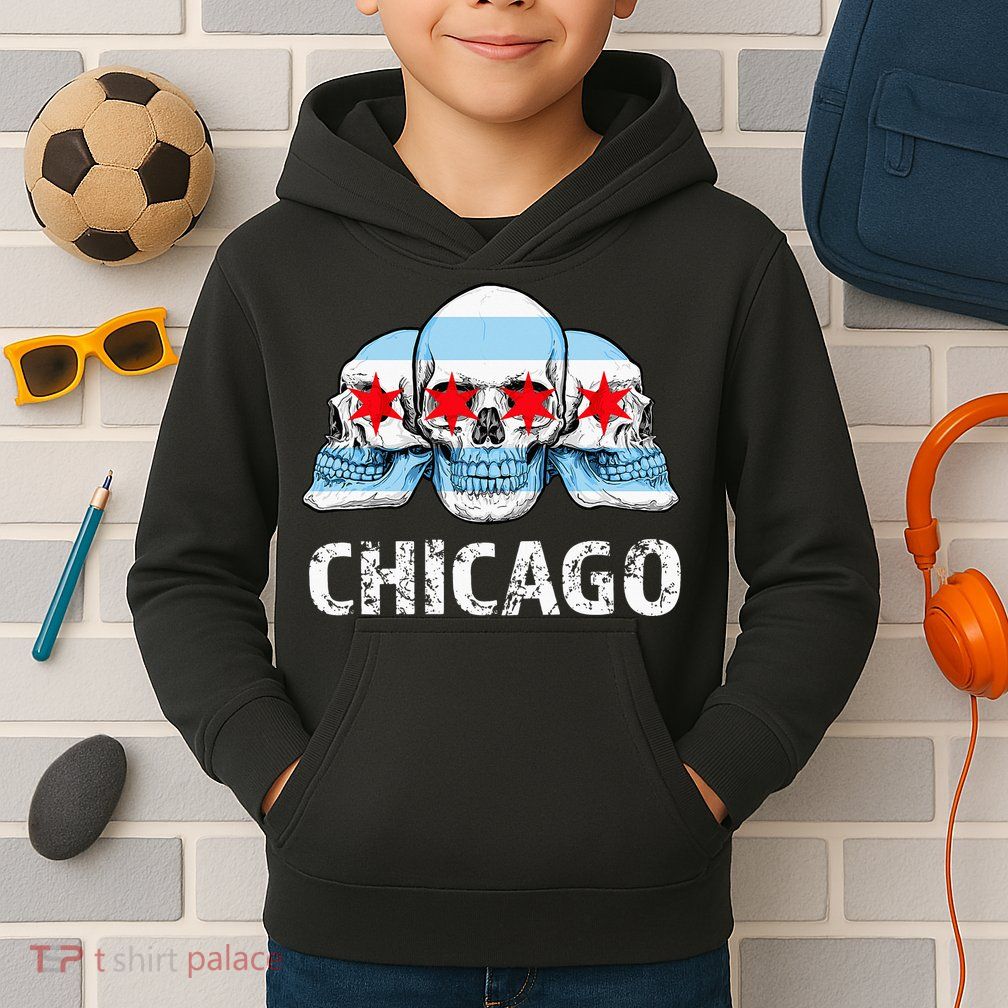 Chicago for Chicago Flag Artwork with Skulls Kids Hoodie