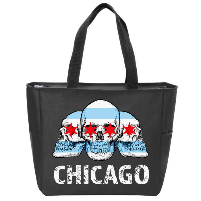 Chicago for Chicago Flag Artwork with Skulls Zip Tote Bag