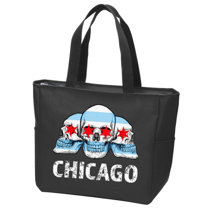 Chicago for Chicago Flag Artwork with Skulls Zip Tote Bag