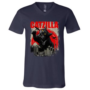 Catzilla Funny Cat Lover Kitten Kitty V-Neck T-Shirt