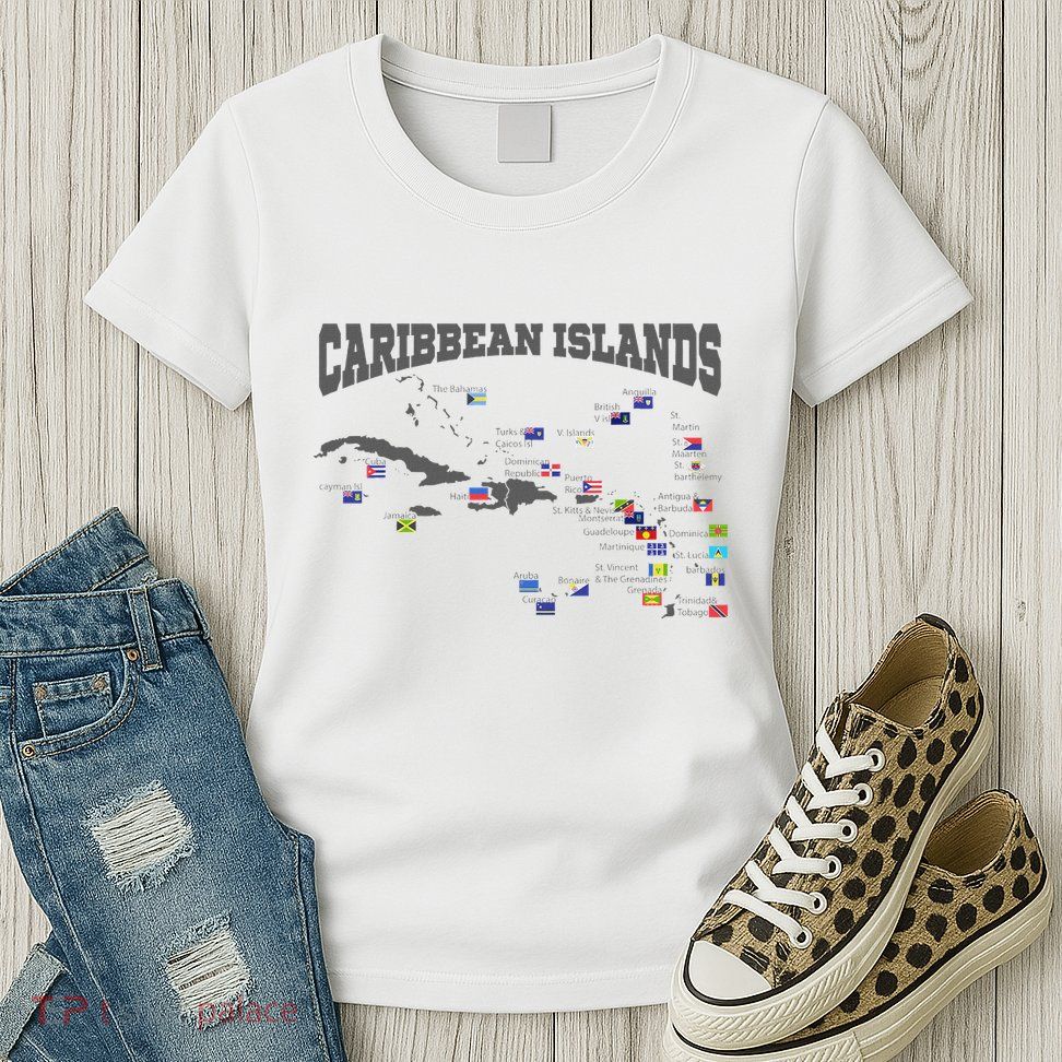 Caribbean Flags Caribbean Map Caribbean Islands Vacation Womens T-Shirt
