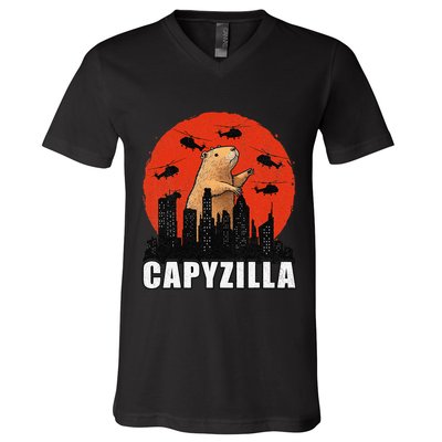 Capybara Funny Capybara Rodent Capyzilla Funny V-Neck T-Shirt