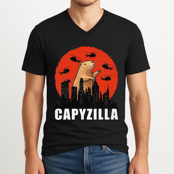 Capybara Funny Capybara Rodent Capyzilla Funny V-Neck T-Shirt