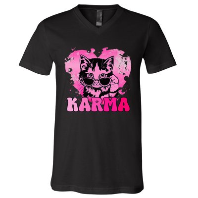 Cute Funny Cat Lover Heart Shape Karma V-Neck T-Shirt