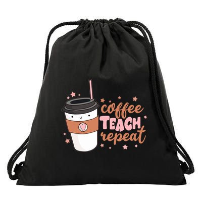 Cute Funny Coffee Teach Repeat Teacher Life Coffee Lover Drawstring Bag