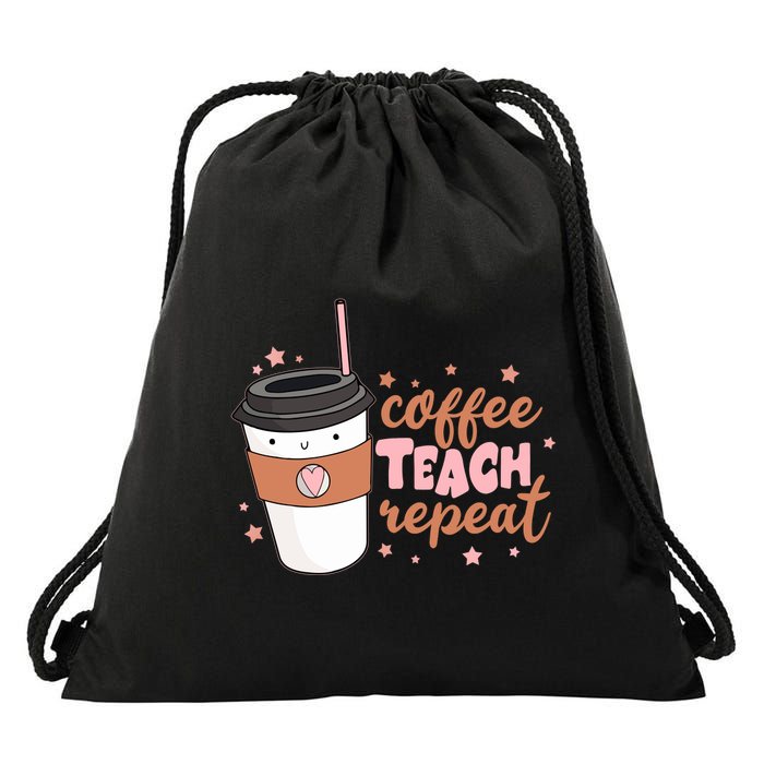 Cute Funny Coffee Teach Repeat Teacher Life Coffee Lover Drawstring Bag