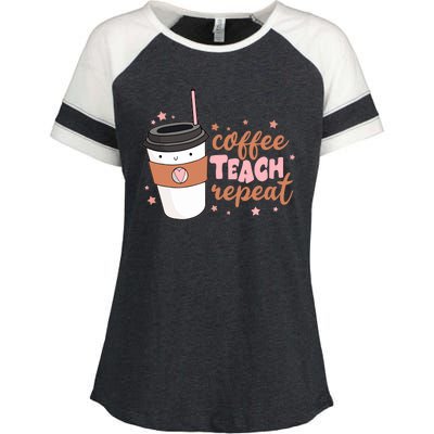 Cute Funny Coffee Teach Repeat Teacher Life Coffee Lover Enza Ladies Jersey Colorblock Tee