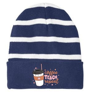 Cute Funny Coffee Teach Repeat Teacher Life Coffee Lover Striped Beanie with Solid Band