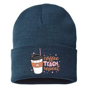 Cute Funny Coffee Teach Repeat Teacher Life Coffee Lover Sustainable Knit Beanie