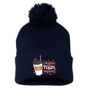 Cute Funny Coffee Teach Repeat Teacher Life Coffee Lover Pom Pom 12in Knit Beanie