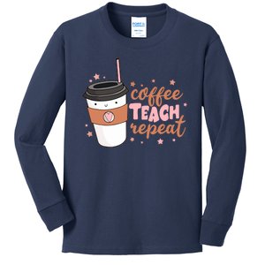 Cute Funny Coffee Teach Repeat Teacher Life Coffee Lover Kids Long Sleeve Shirt