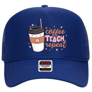 Cute Funny Coffee Teach Repeat Teacher Life Coffee Lover High Crown Mesh Back Trucker Hat