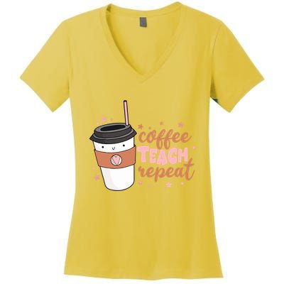 Cute Funny Coffee Teach Repeat Teacher Life Coffee Lover Women's V-Neck T-Shirt