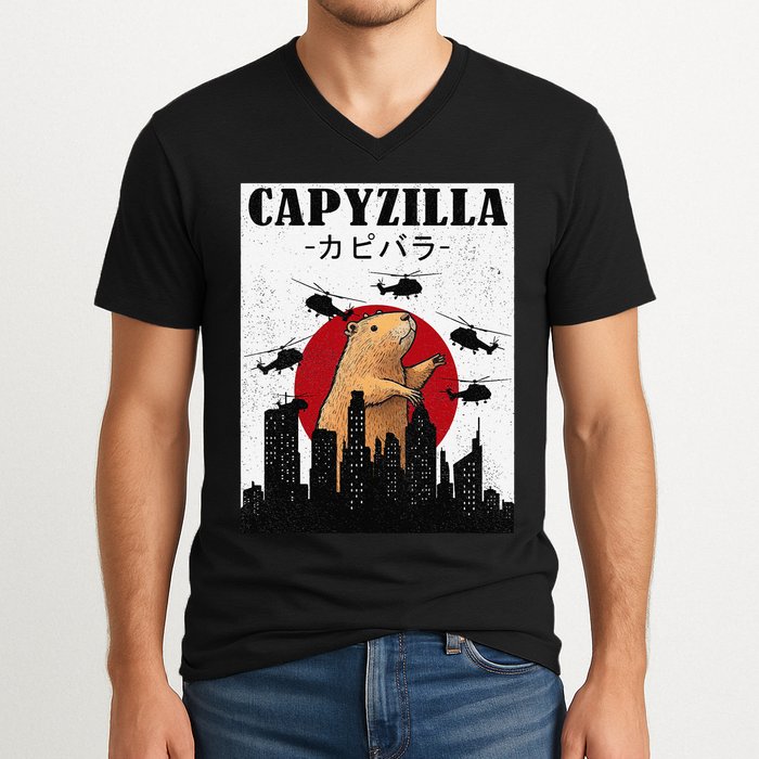 Capybara Funny Capybara Rodent Capyzilla Funny V-Neck T-Shirt
