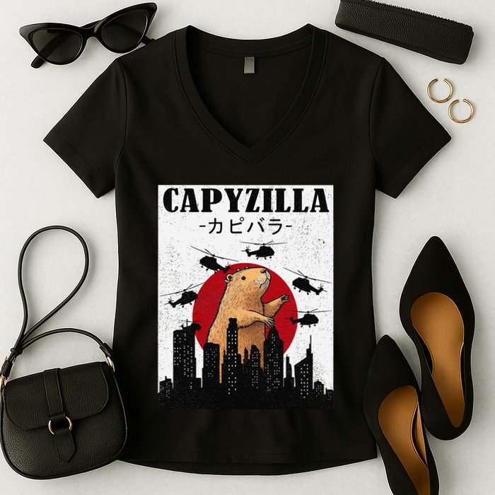 Capybara Funny Capybara Rodent Capyzilla Funny Women's V-Neck T-Shirt