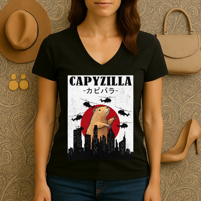 Capybara Funny Capybara Rodent Capyzilla Funny Women's V-Neck T-Shirt