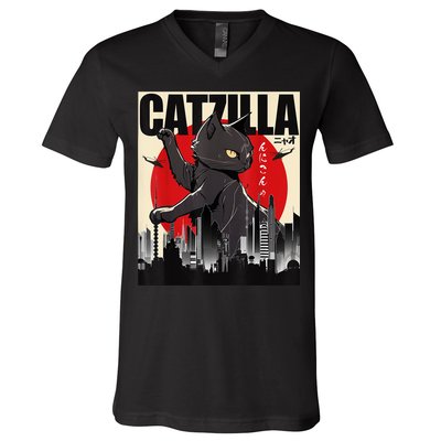 Catzilla Funny Cat V-Neck T-Shirt
