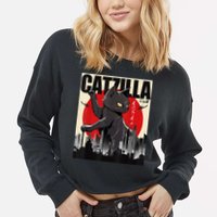 Catzilla Funny Cat Cropped Pullover Crew