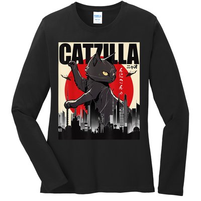 Catzilla Funny Cat Ladies Long Sleeve Shirt