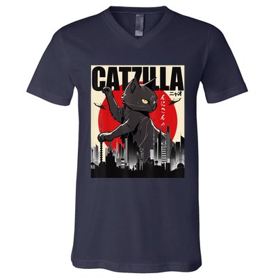 Catzilla Funny Cat V-Neck T-Shirt