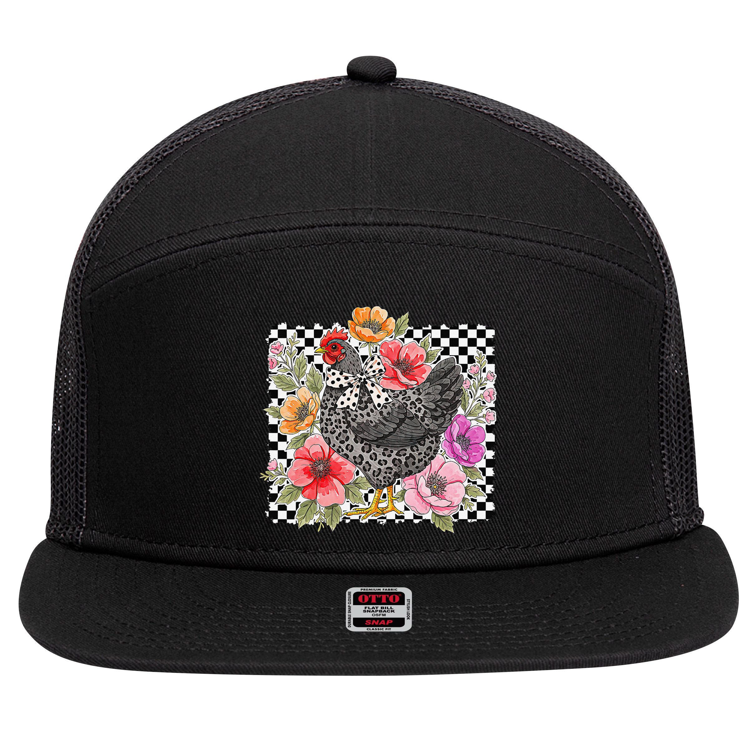 Checkered Flower Chicken Hen Lover Wildflower Chicken Mama 7 Panel Mesh Trucker Snapback Hat