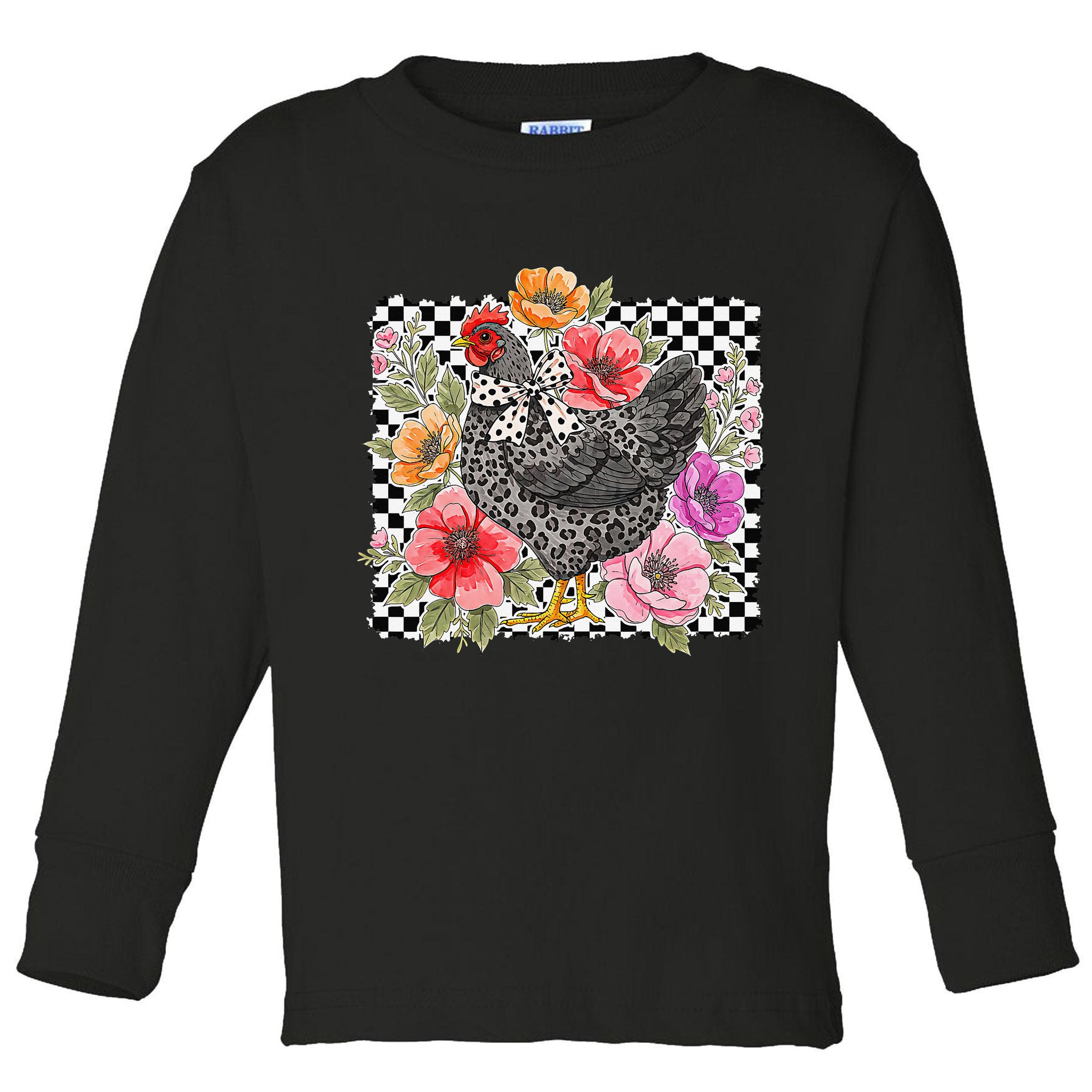 Checkered Flower Chicken Hen Lover Wildflower Chicken Mama Toddler Long Sleeve Shirt