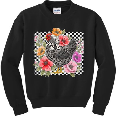 Checkered Flower Chicken Hen Lover Wildflower Chicken Mama Kids Sweatshirt