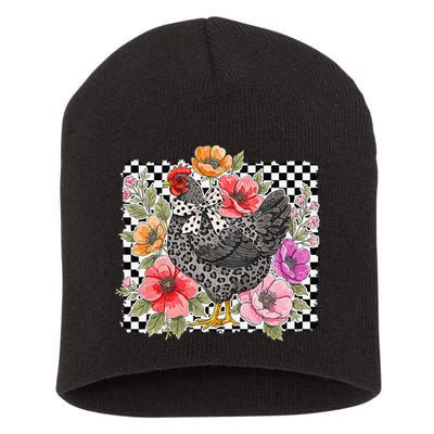 Checkered Flower Chicken Hen Lover Wildflower Chicken Mama Short Acrylic Beanie