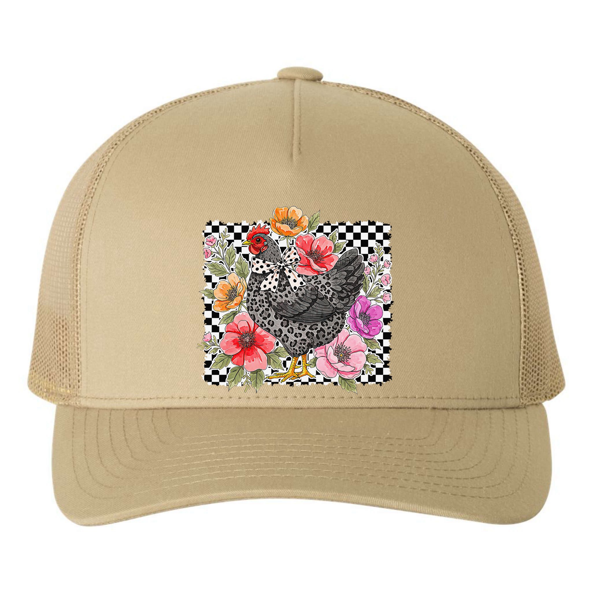 Checkered Flower Chicken Hen Lover Wildflower Chicken Mama Yupoong Adult 5-Panel Trucker Hat