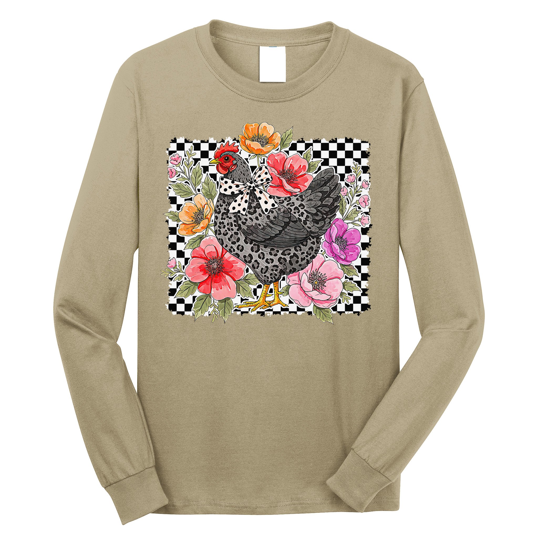 Checkered Flower Chicken Hen Lover Wildflower Chicken Mama Long Sleeve Shirt