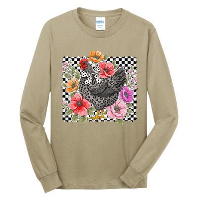 Checkered Flower Chicken Hen Lover Wildflower Chicken Mama Tall Long Sleeve T-Shirt