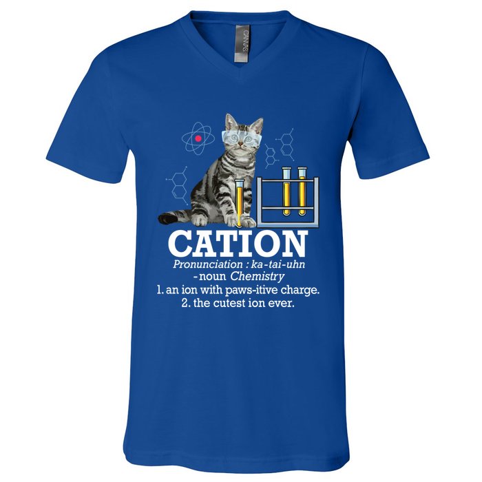 Cation Funny Chemistry Humor Science Teacher Cat Pun Gift V-Neck T-Shirt