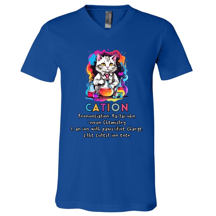 Cation Funny Chemistry Humor Science Teacher Cat Pun Gift V-Neck T-Shirt