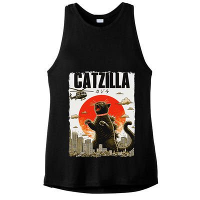 Catzilla Funny Cat Lover Kitten Catzilla Cat Japanese Art Ladies PosiCharge Tri-Blend Wicking Tank