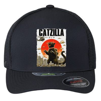 Catzilla Funny Cat Lover Kitten Catzilla Cat Japanese Art Flexfit Unipanel Trucker Cap