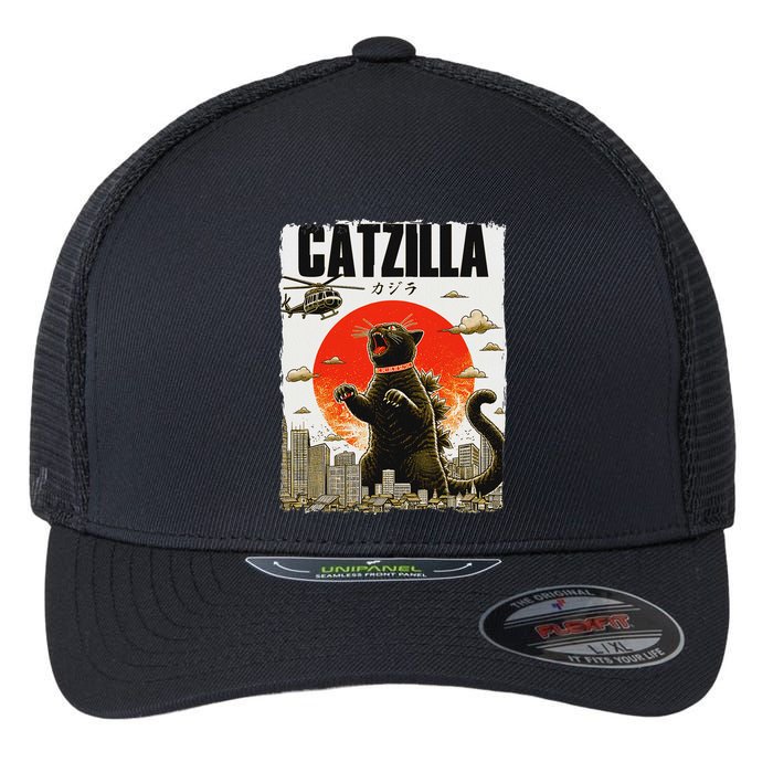 Catzilla Funny Cat Lover Kitten Catzilla Cat Japanese Art Flexfit Unipanel Trucker Cap