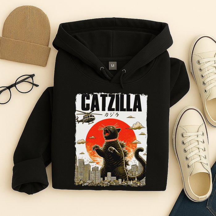 Catzilla Funny Cat Lover Kitten Catzilla Cat Japanese Art Hoodie